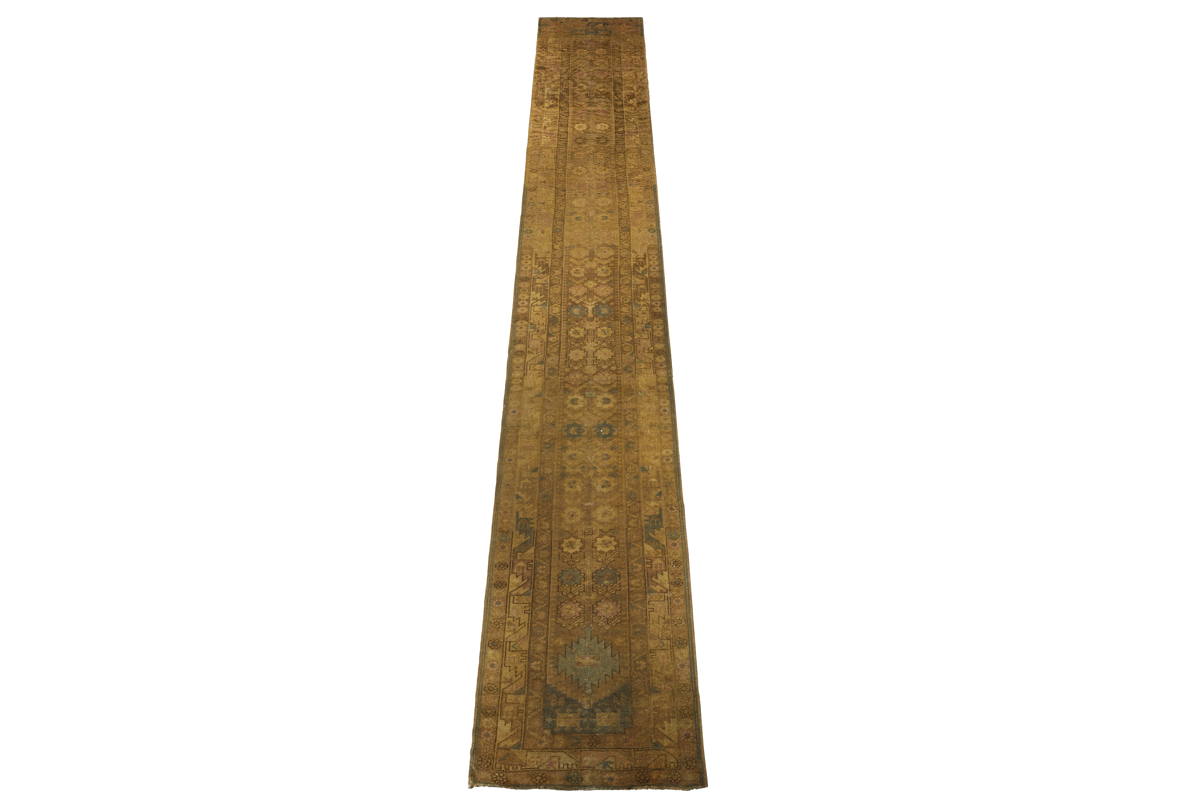 Antique Turkish Oushak Brown & Green Runner Rug 11270 - image 8