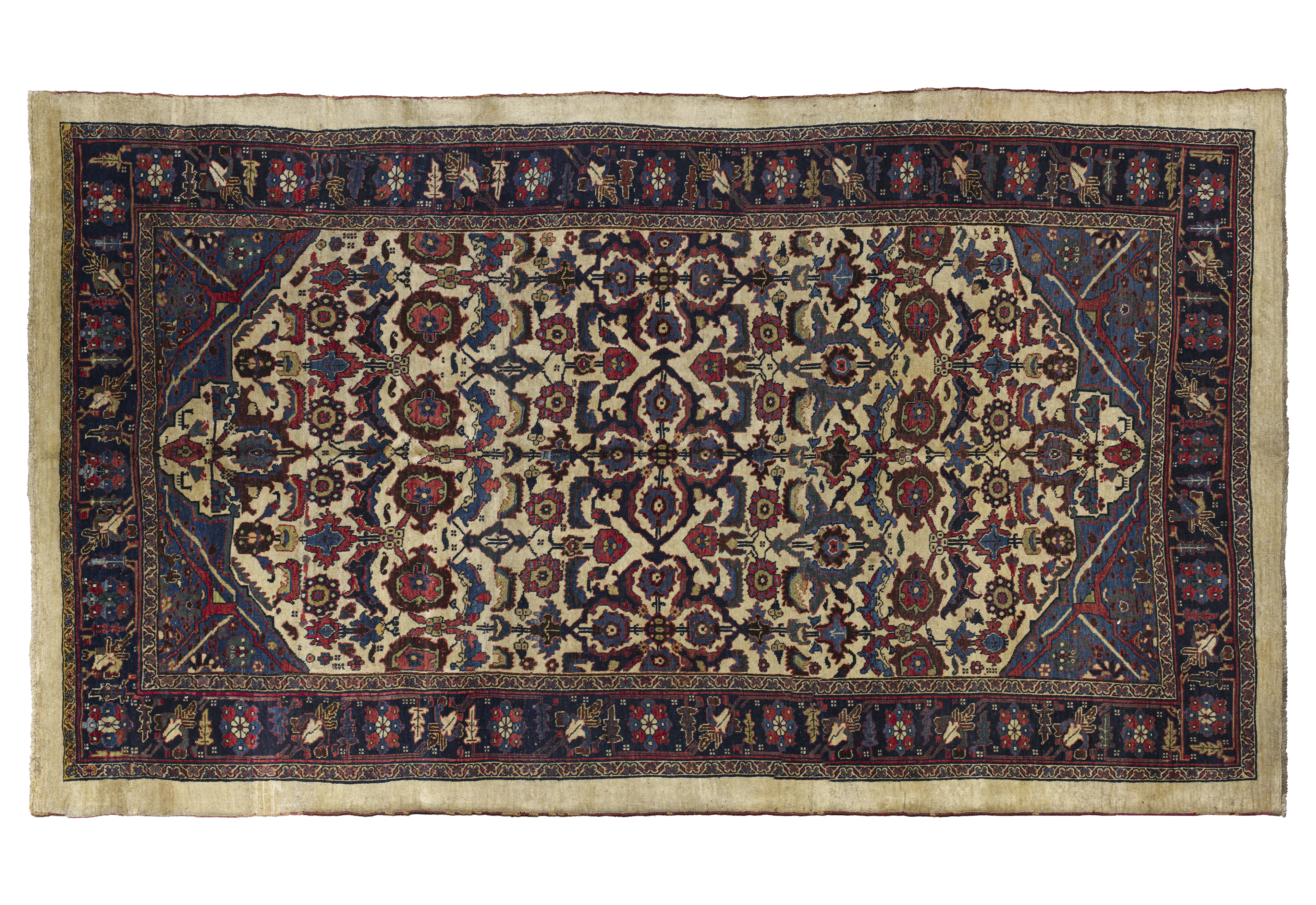 Antique Persian Bijar Cream & Navy Floral Geometric Rug 11530