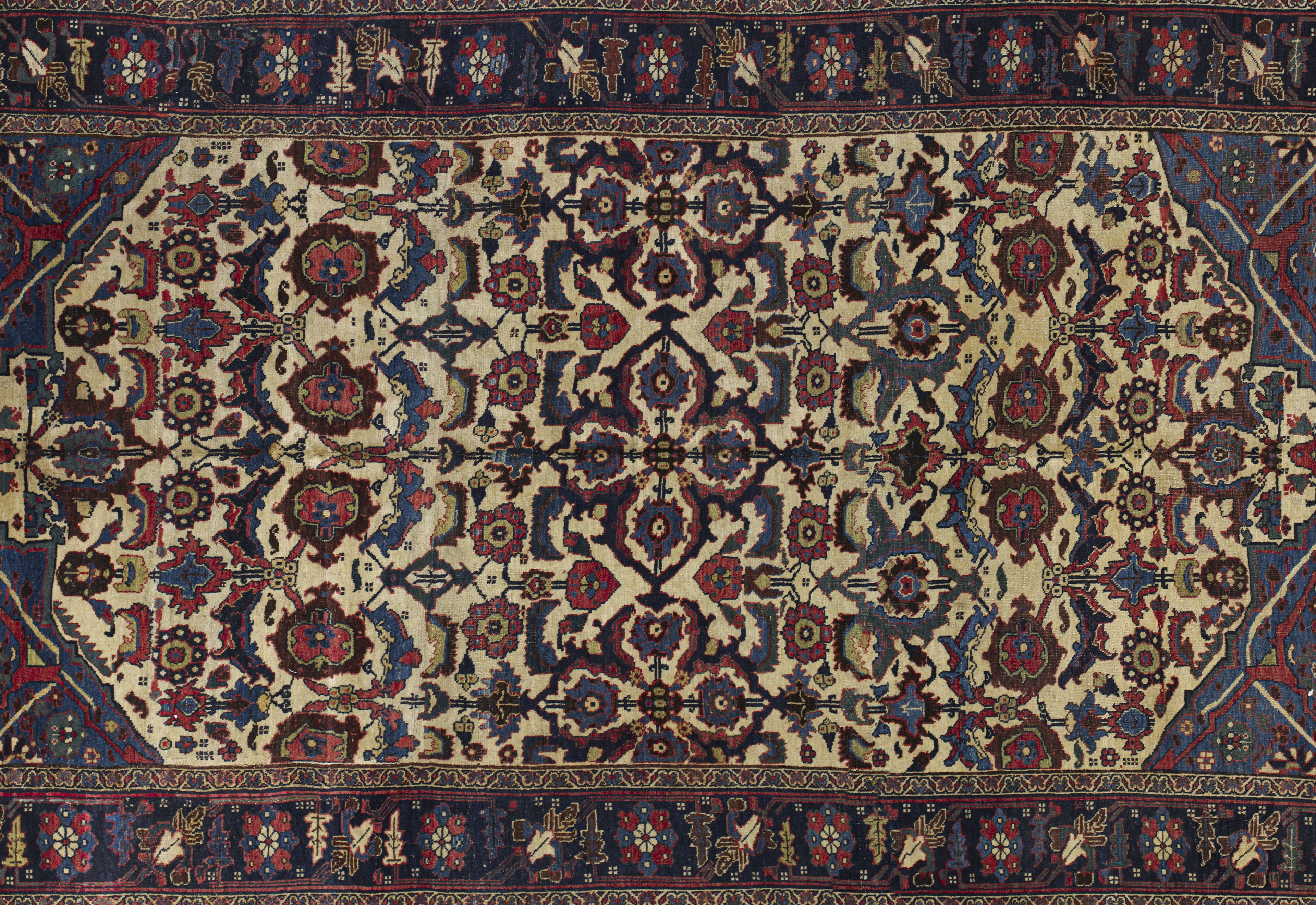 Antique Persian Bijar Cream & Navy Floral Geometric Rug 11530 - image 2