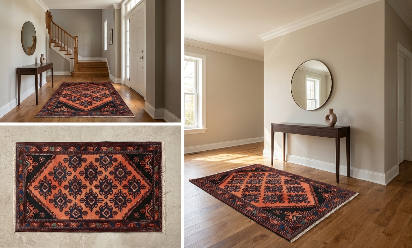 Antique Persian Hamadan Tribal Silk Rug Burnt Orange 10843 in room setting